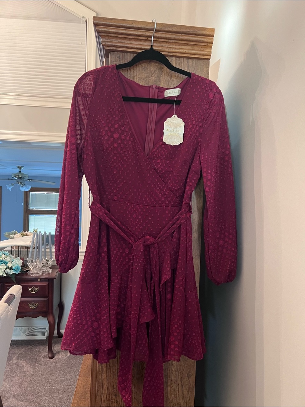 NWT Altar’d State M Burgundy Swiss Dot Wrap Ruffle Mini Dress Long Sleeve